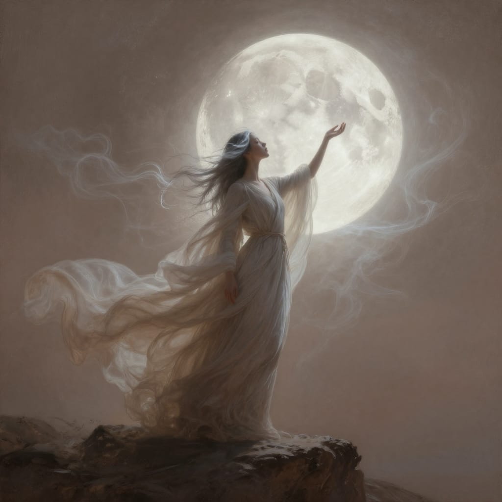 A lone woman stands on a rocky cliff, her flowing clothes move like smoke. She reaches up to a glowing moon. Soft light and shadows show her calm, connected to the sky. Muted tones and mist create a timeless, peaceful scene.