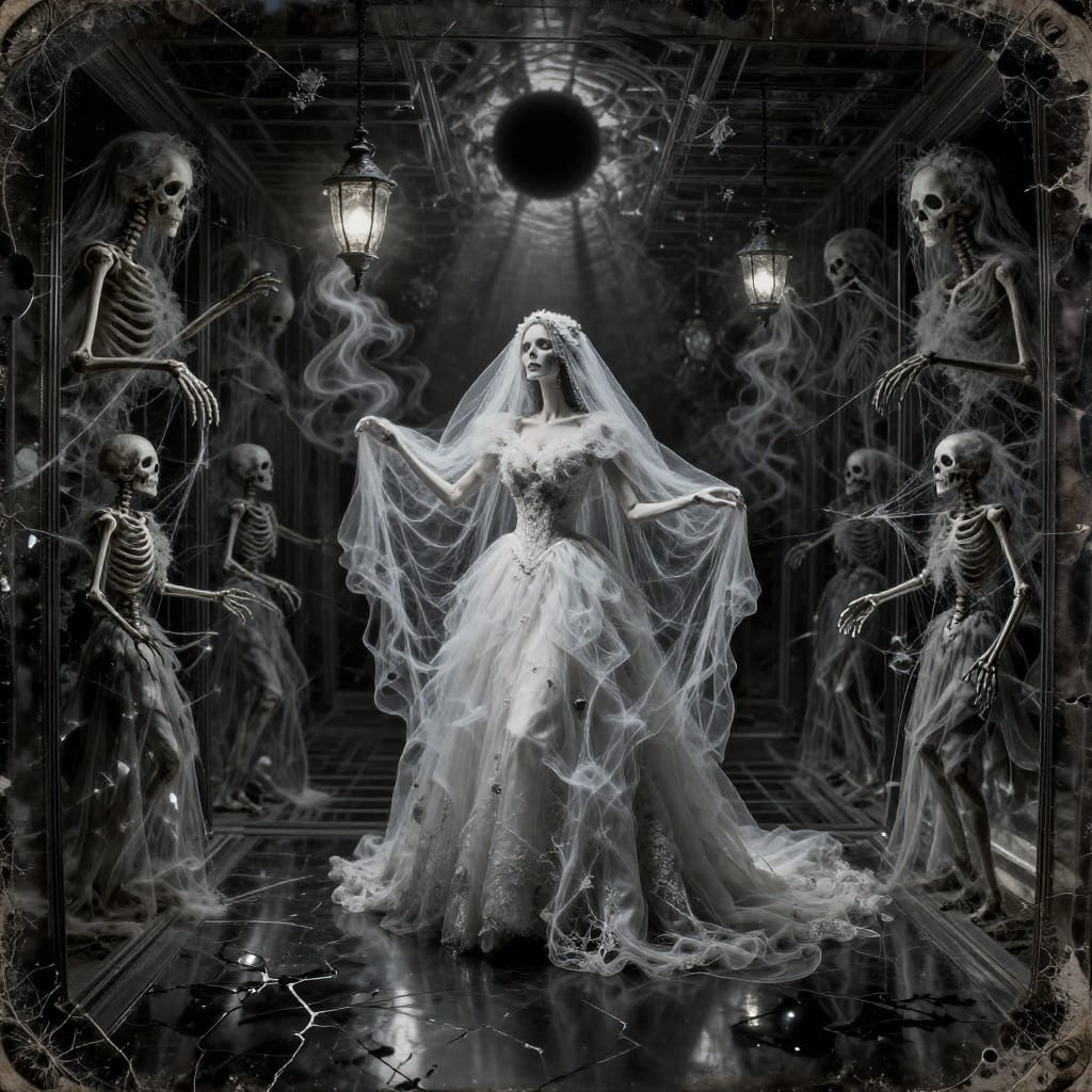 Skeletal bride in spider silk gown, veil as smoke drifting through mirrors showing different deaths. Dark center swirls with floating debris. Lantern light casts shadow dance. Cracked plate, glossy sheen, high contrast. Eerie Victorian vibe blends beauty and decay.