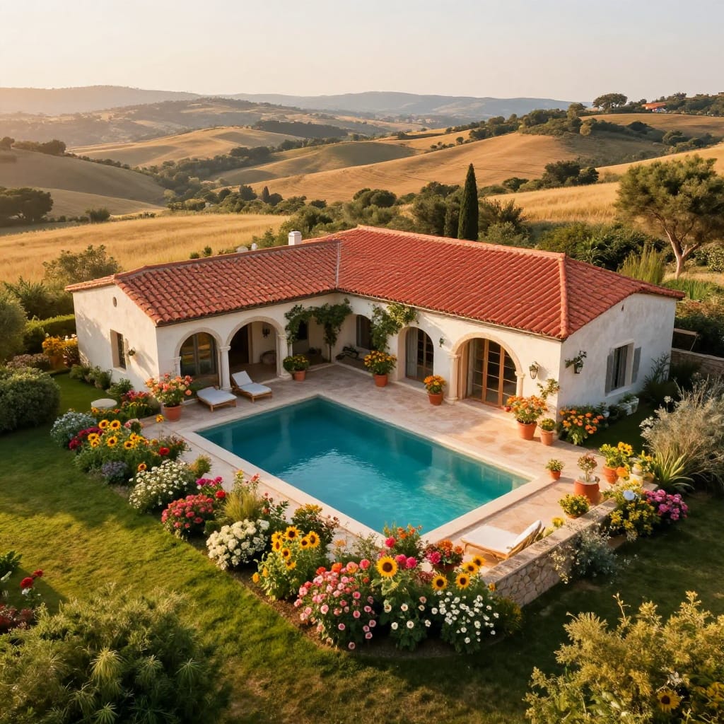 Picture a fancy Mediterranean villa in a calm countryside. It has terracotta roofs, white walls, and columns. A big pool sits in the middle, surrounded by greenery and flowers. Rolling hills stretch into the distance under a clear sky. Warm light casts soft shadows, making everything look peaceful and real.