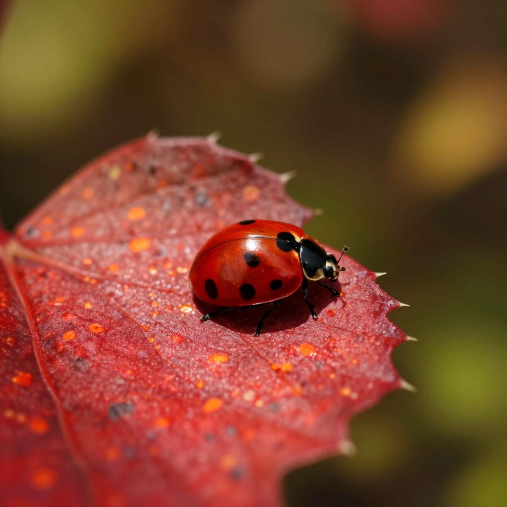 A ladybug rests on a spiky red leaf, sunlight glints on its surface. Warm hues and soft greens make a calm, peaceful scene.