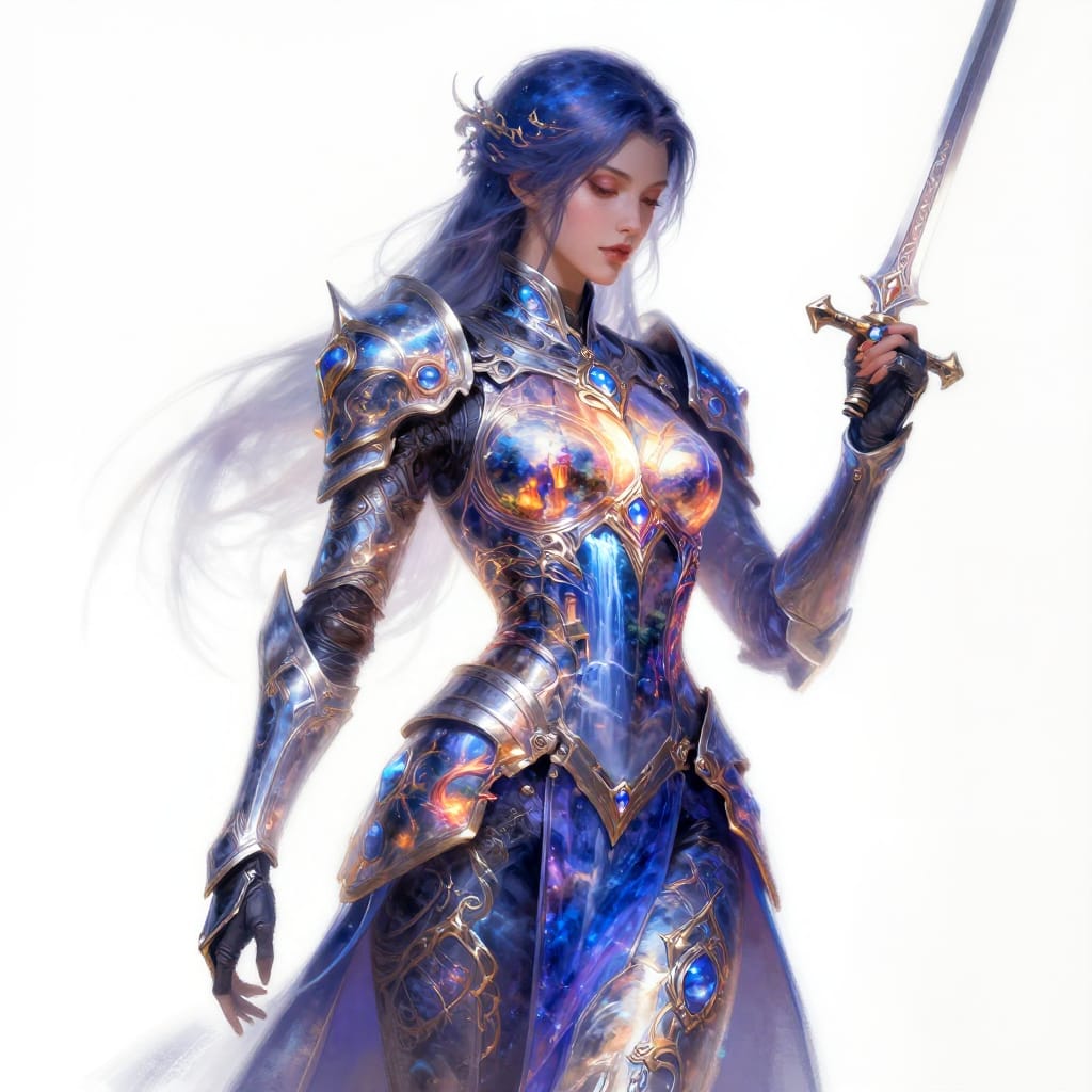 Female warrior in glowing futuristic armor reflects magical scenes: castle, waterfall, nature. Sword points up, balanced stance. Detailed metallic textures blend tech and fantasy. Cool armor contrasts warm landscape. Soft light highlights details. Colorful, awe-inspiring feel.