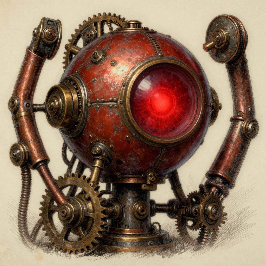 A steampunk machine with a glowing red eye and brass limbs. Aged texture shows rust and gears. Bright reds and browns contrast with metallic grays. Feels mysterious and complex, like a living machine.