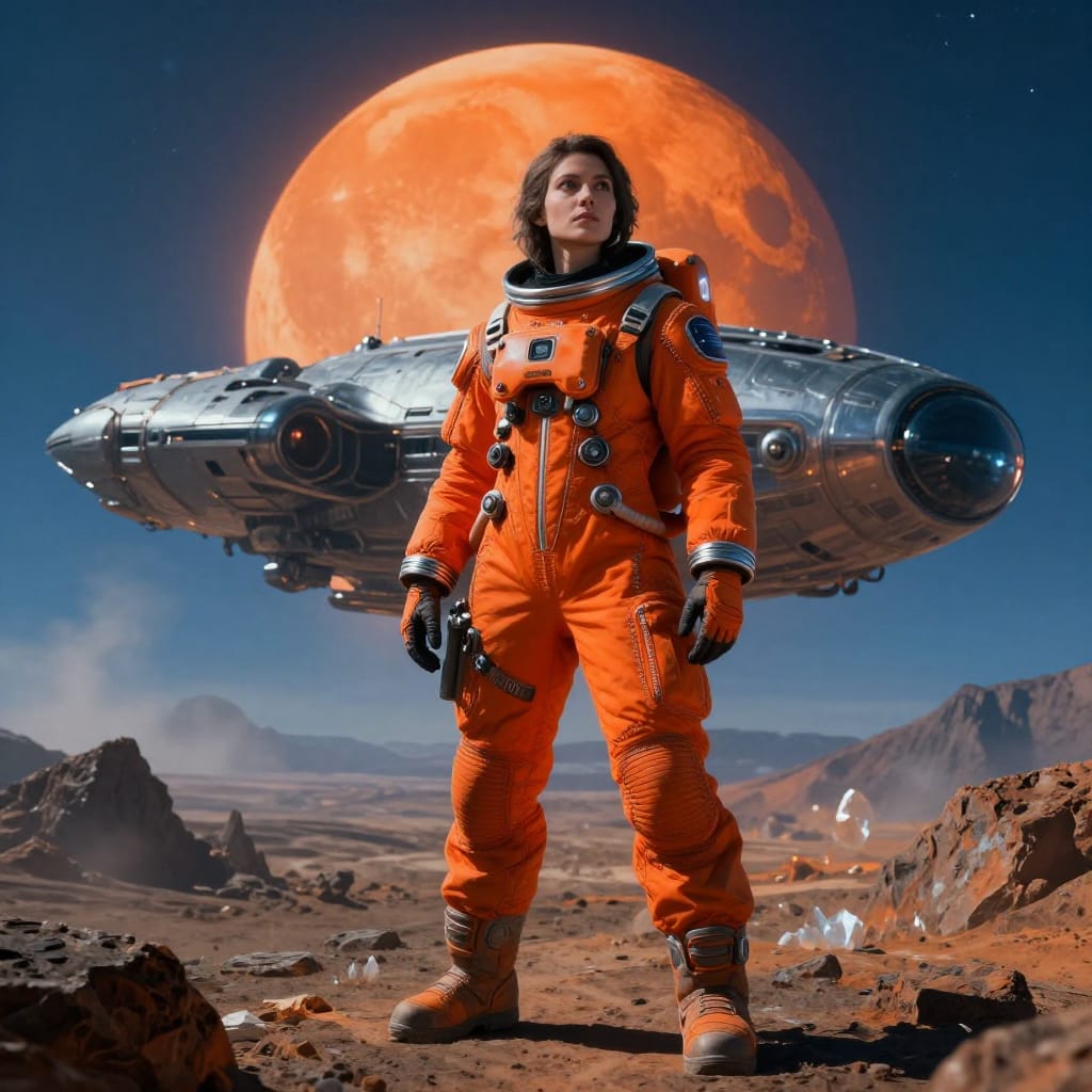 Astronaut stands in alien landscape, suit details shine under light. Spacecraft and orange moon add drama. Colors mix warm and cool tones. Realistic textures and atmosphere show exploration vibe.