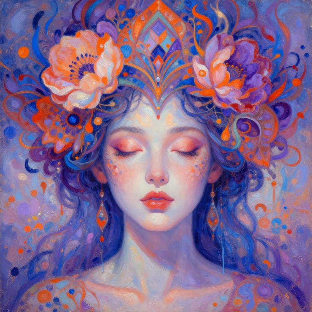A woman with a fancy floral crown stands center stage. Her closed eyes hint at mystery. The crown blends organic petals and geometric shapes. Background swirls with matching abstract flowers. Soft light bathes the scene in rich colors. Brushwork adds texture. Feels mystical and surreal.
