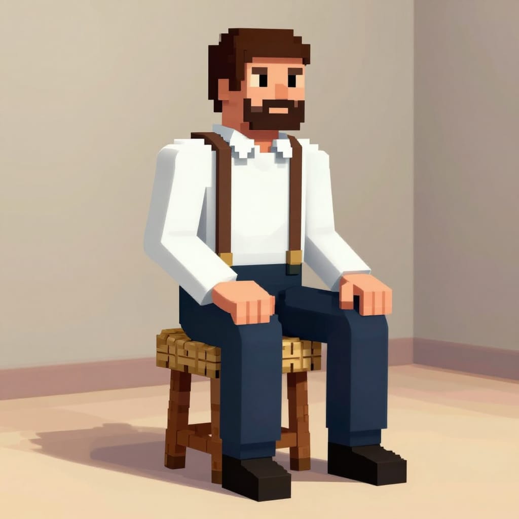 A man sits on a pixelated stool in retro game style. His crisp shirt and suspenders contrast with the woven seat. Soft light highlights textures. Calm, nostalgic vibe with blocky colors and gentle shadows.