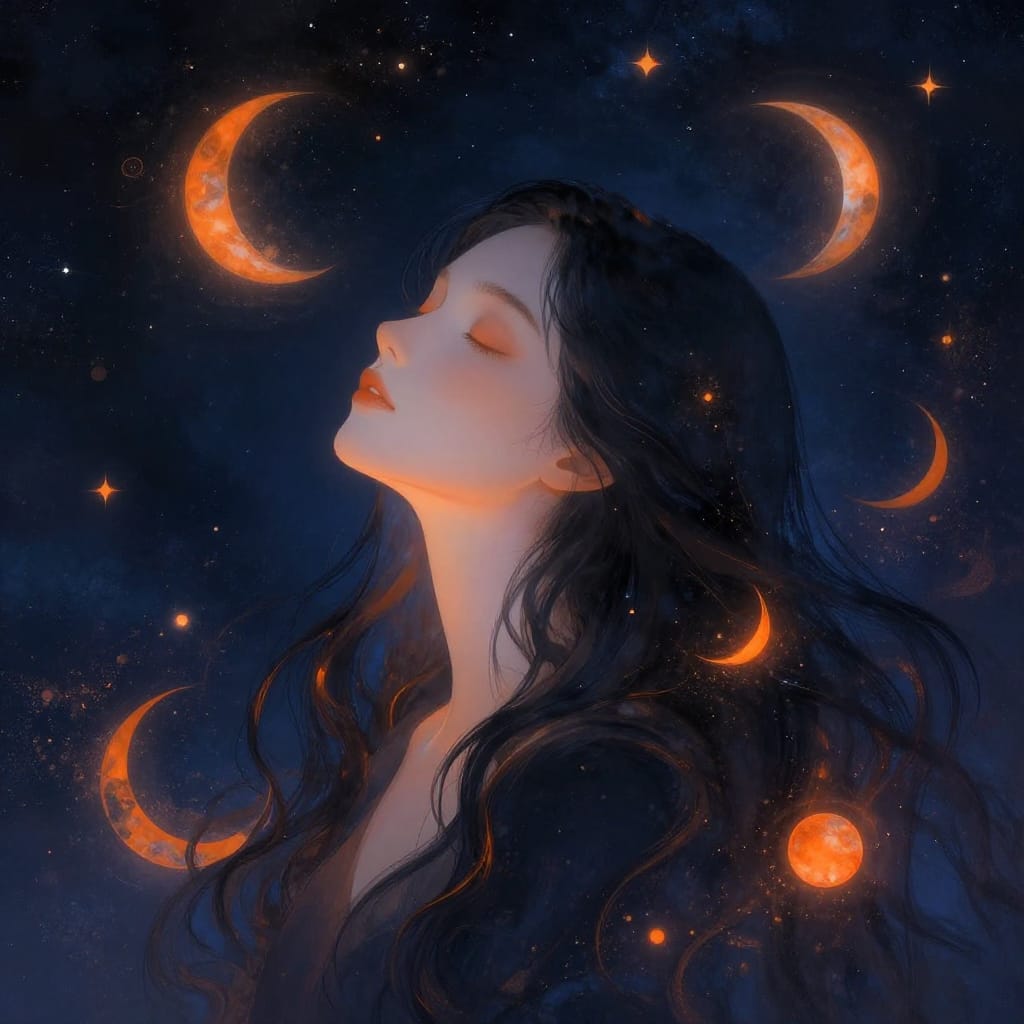 A woman with flowing dark hair and glowing skin stands under a starry sky. Her closed eyes and upward tilt show calm reflection. Celestial lights cast a warm glow, blending cool blues with radiant oranges for a peaceful, dreamy scene.
