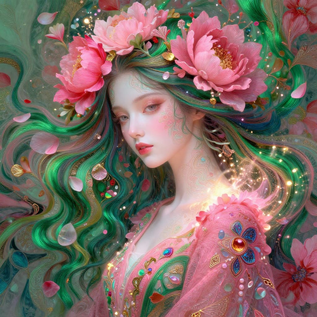 A woman with floral patterns in her hair and clothes stands in a colorful, glowing scene. Bright flowers flow around her, blending reality and fantasy with glowing textures and floating lights.