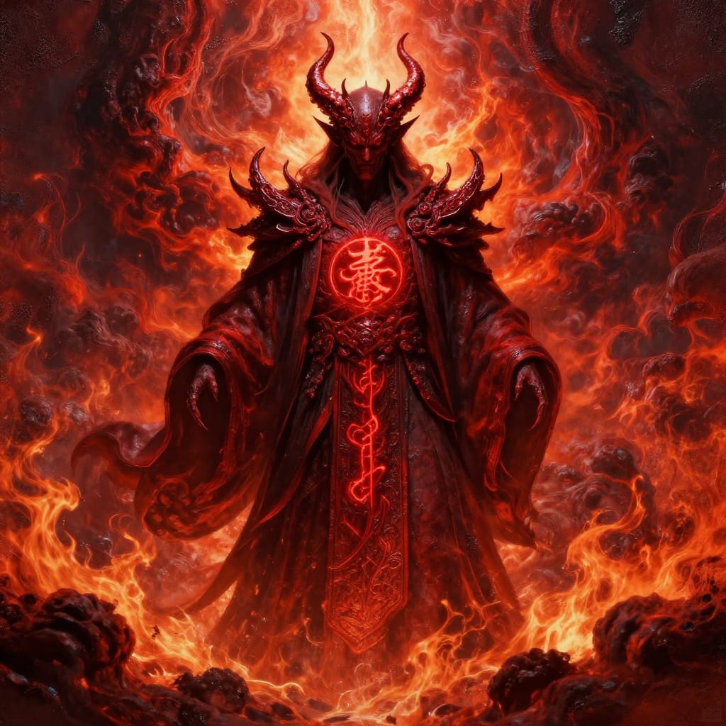 A demon in red robes and horns stands in fiery clouds. Digital art with metallic textures and glowing red emblem. Dramatic lighting highlights horns, casting deep shadows. Rich reds and oranges create awe-inspiring, mystical atmosphere.