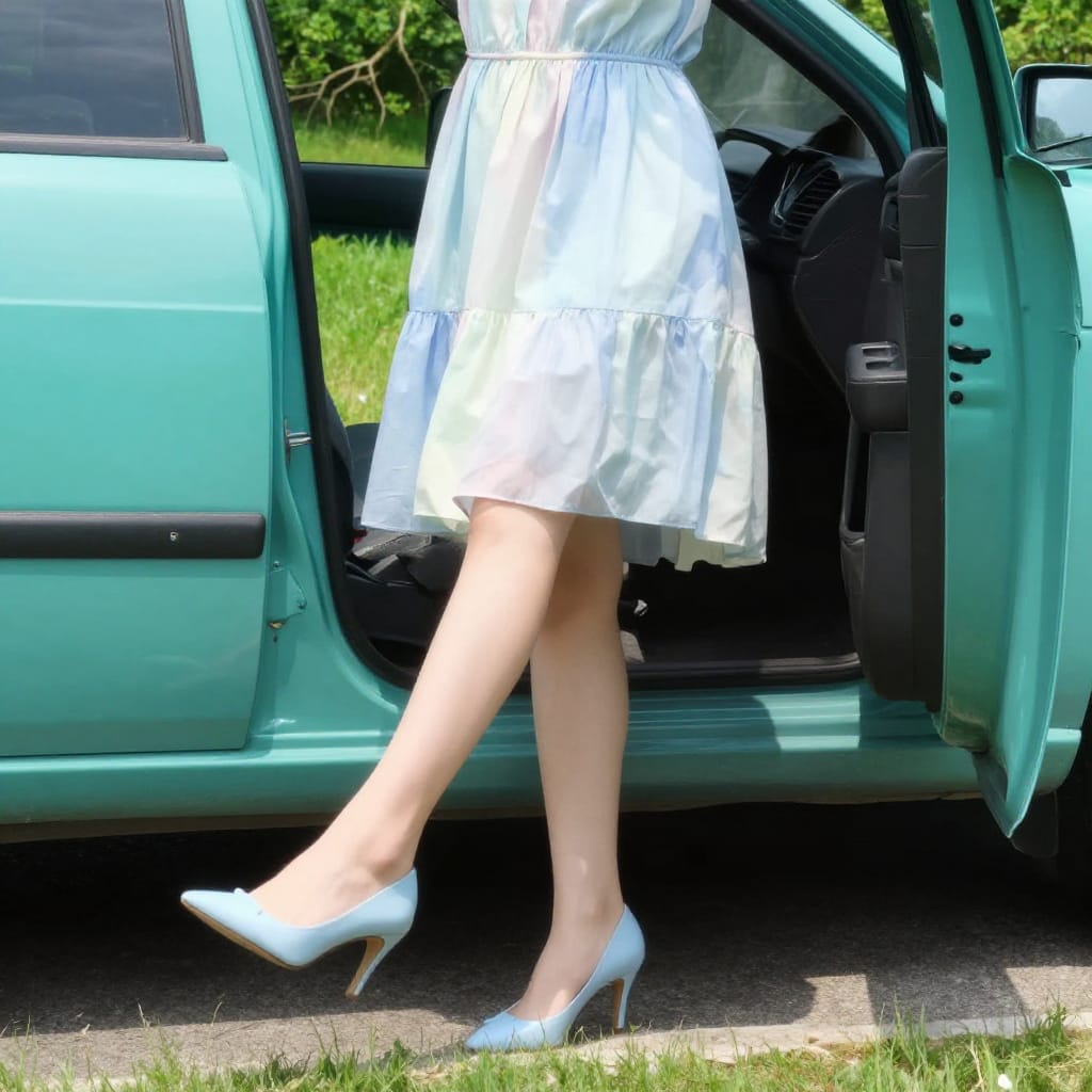 A person’s legs and light blue heels peek from a teal car door. Pastel dress contrasts with the car’s color. Suburban setting with trees and sunlight. Calm, playful vibe with soft shadows and cool tones.