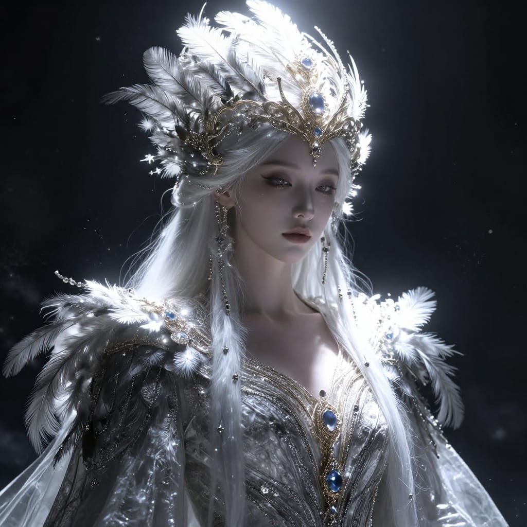 A glowing figure with a jeweled headdress stands in a dark sky. Shiny clothes catch light, creating sharp shadows. Background has glowing stars, and colors are white, gray, black. Feels magical and elegant.