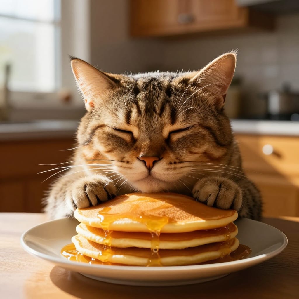 Cat naps on golden pancake stack. Syrup drizzle. Soft light highlights fur. Warm kitchen. Cozy, joyful moment.