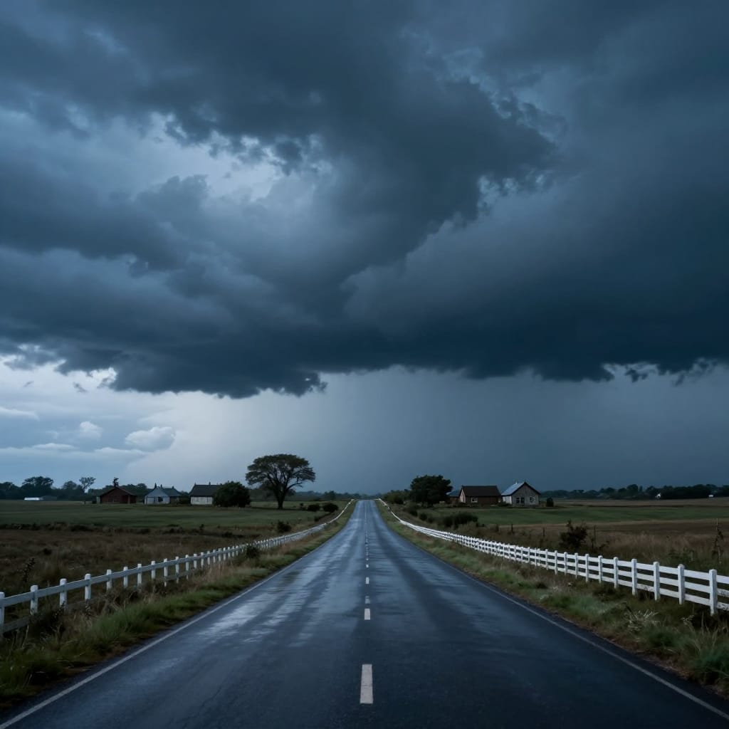 A rural road stretches under a stormy sky. Cool light casts long shadows across wet road. Suspense hangs as dark clouds loom. Fences line the edge, contrasting with wild storm shapes. Blues and grays dominate, adding tension to the still scene.