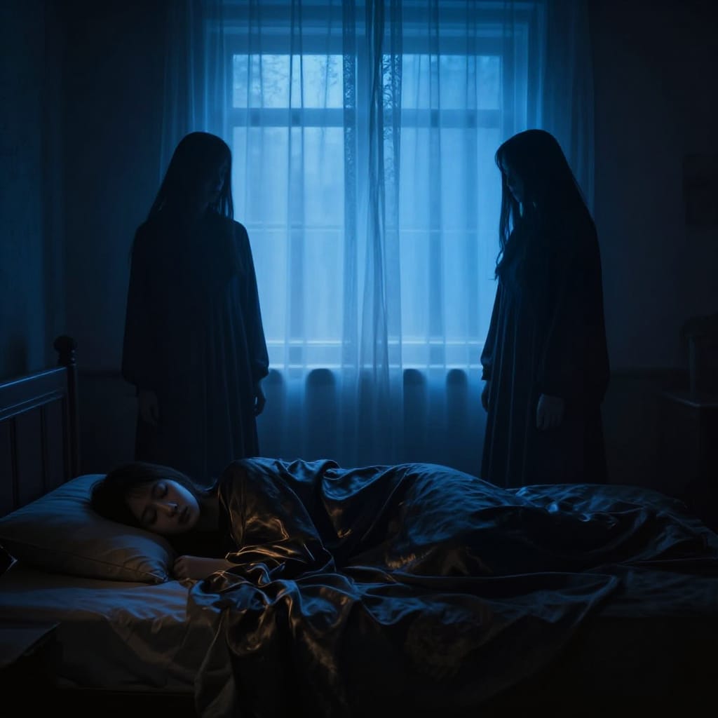 Dark figures stand by a sleeping person in a cool blue-lit room. Soft shadows and window light add suspense. Cool tones and warm fabric hints create quiet tension.