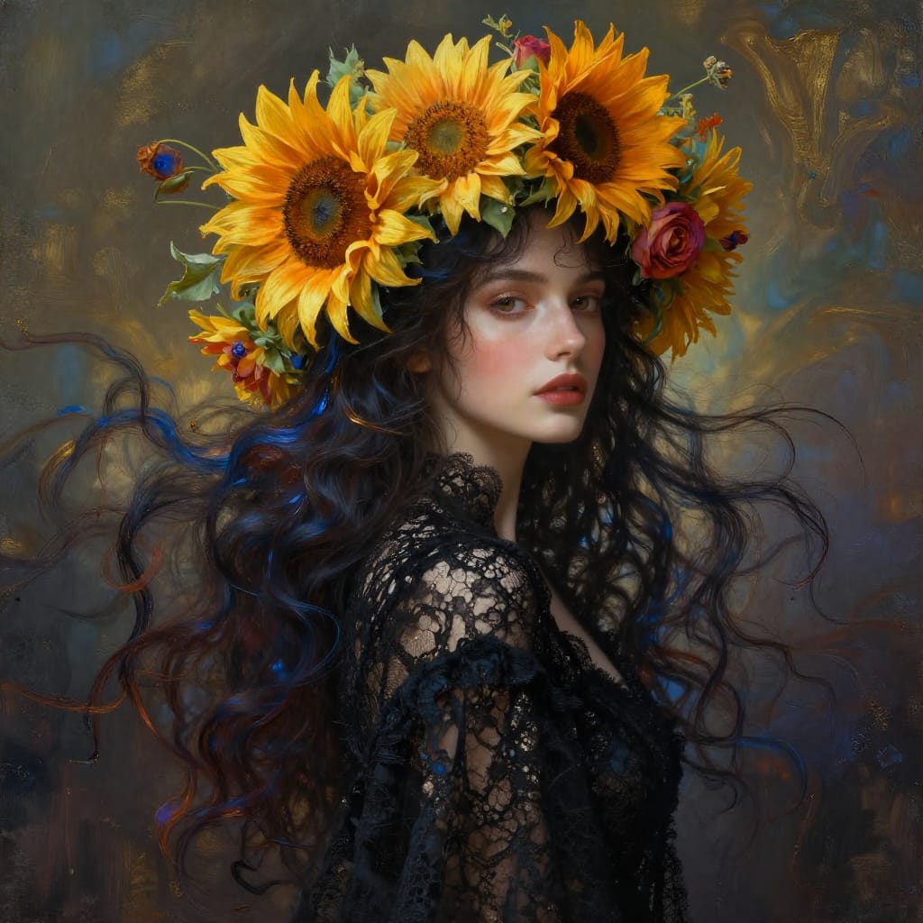 A woman with dark hair and a flower crown wears a black lace dress. Flowing paint trails her, soft gradients fade into mist. Warm light highlights her, blending golds, oranges, blues, and blacks for a dreamy, mysterious vibe.