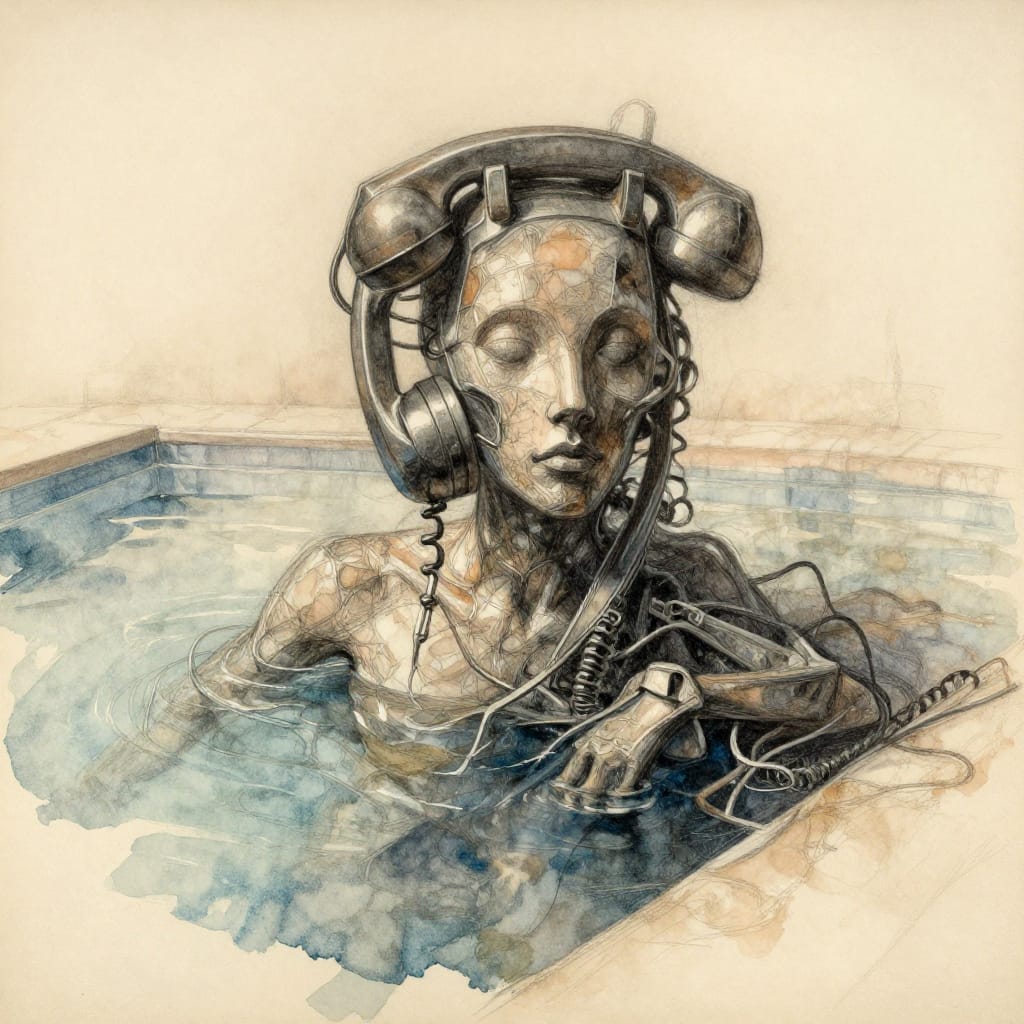 A figure made of old phones collapses in a pool. Sketch style mixes graphite and watercolor on aged paper. Earthy tones blend chaos and order. Surreal, haunting vibe with precise phone details and soft shadows.