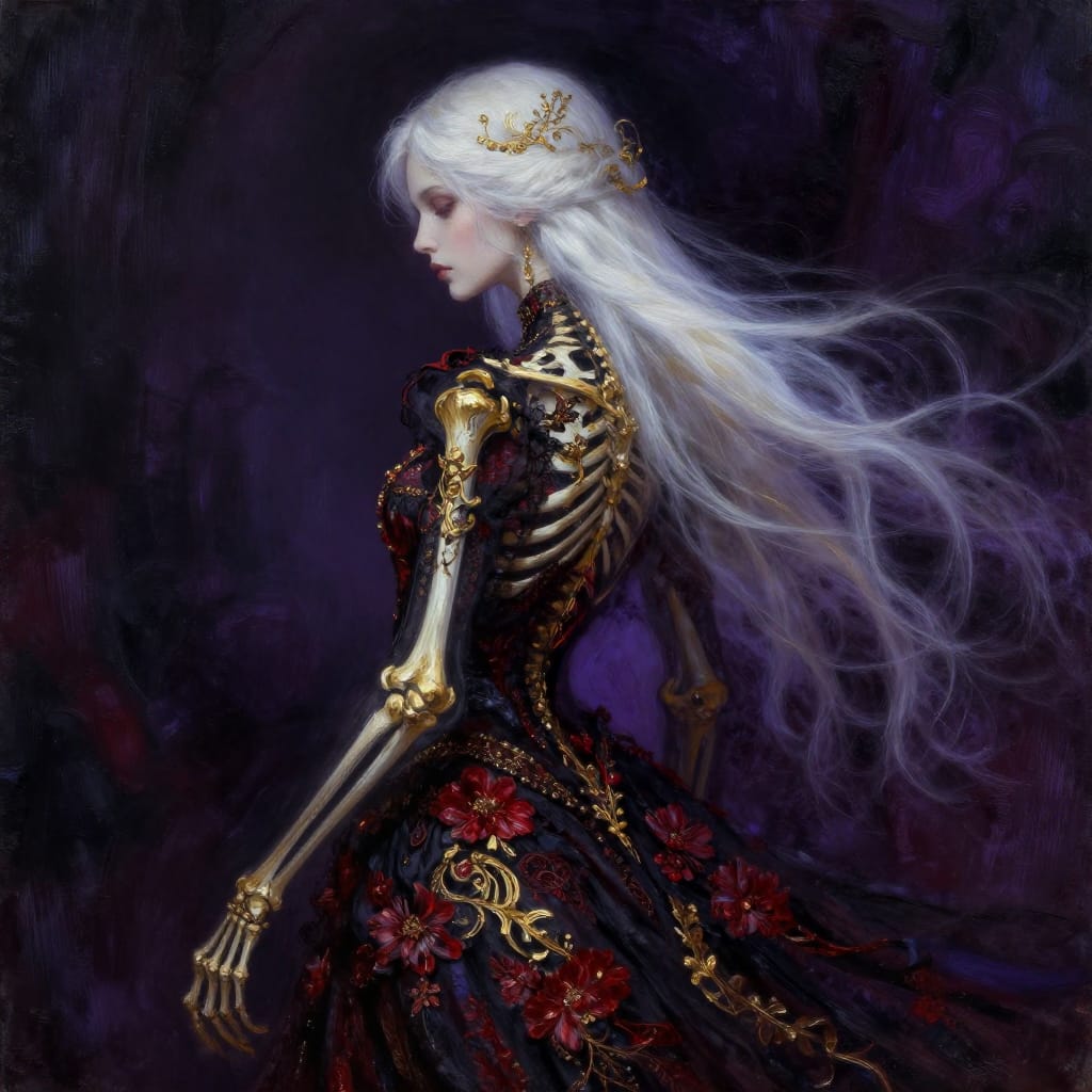 A woman in a dark, detailed costume with white hair contrasts against rich, textured fabric. Skeletal limbs and floral gold/crimson patterns glow under soft light. Ethereal, gothic vibes with symbolic hints of fragility and rebirth.