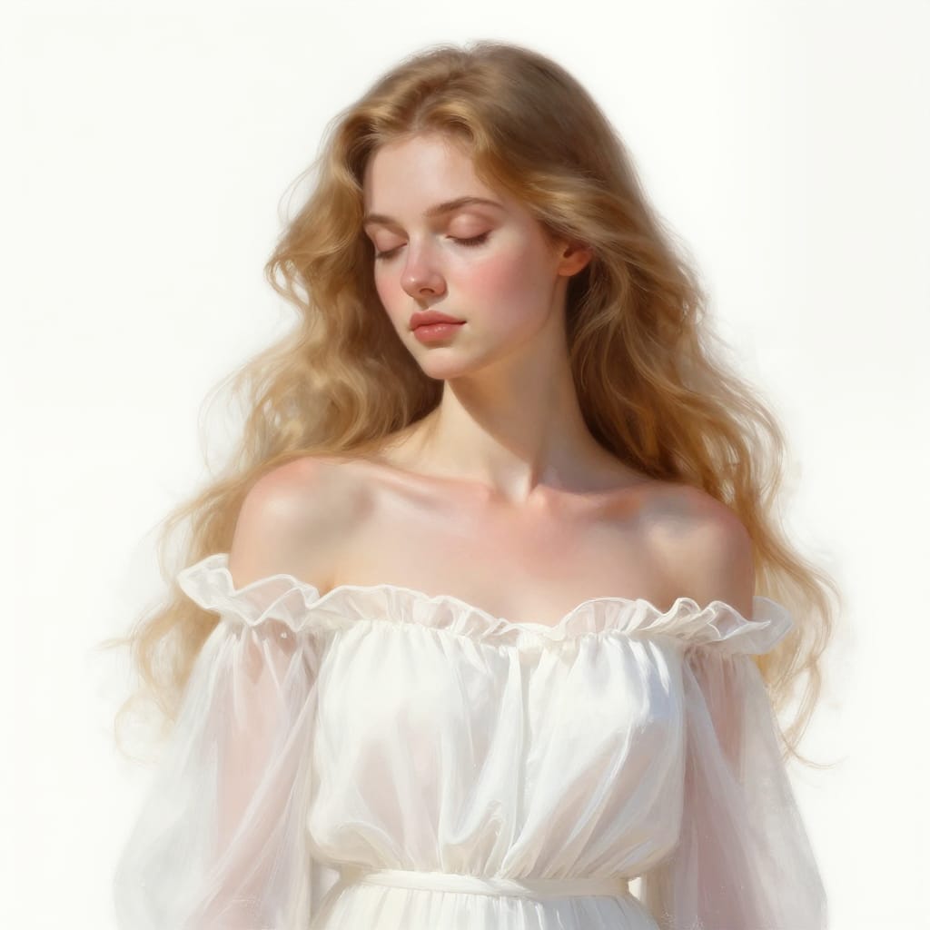 A woman in a white dress with ruffles and flowing sleeves sits in a digital painting. Her golden-brown hair cascades, and soft lighting highlights her calm face. The background is pure white, with warm tones creating a peaceful, elegant feel.