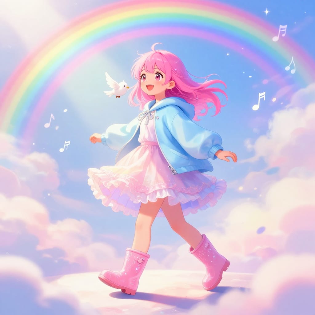 A joyful anime girl with pink hair walks on soft clouds, her light blue jacket and frilly skirt glowing under a rainbow sky. Tiny notes drift like confetti, stars shimmer above, and a small bird rests on her shoulder. The pastel colors and gentle light create a magical, cheerful scene.