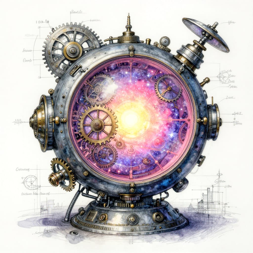 A steampunk gadget with detailed gears and brass parts. Bright pink and purple glow contrasts metallic gray. Watercolor adds soft light. Sphere in center looks like a blueprint with notes. Feels magical and precise.