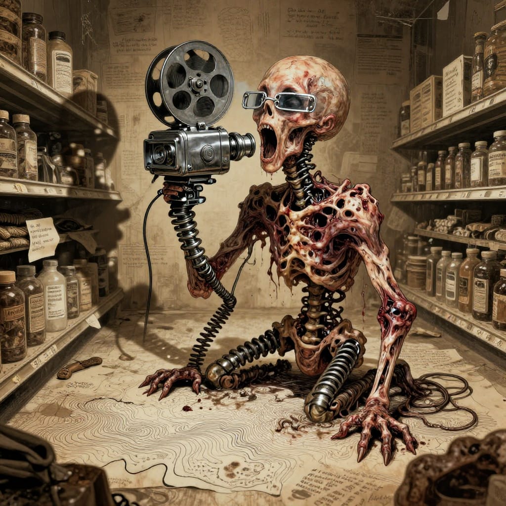 A gritty comic zine sketch shows a twisted figure half-human, half-machine. Chrome limbs, spring legs, and safety pin eyes blend with shadows. A topographic map and label-less grocery aisle add eerie chaos. Earthy tones and metallic glints create a surreal, unsettling vibe.