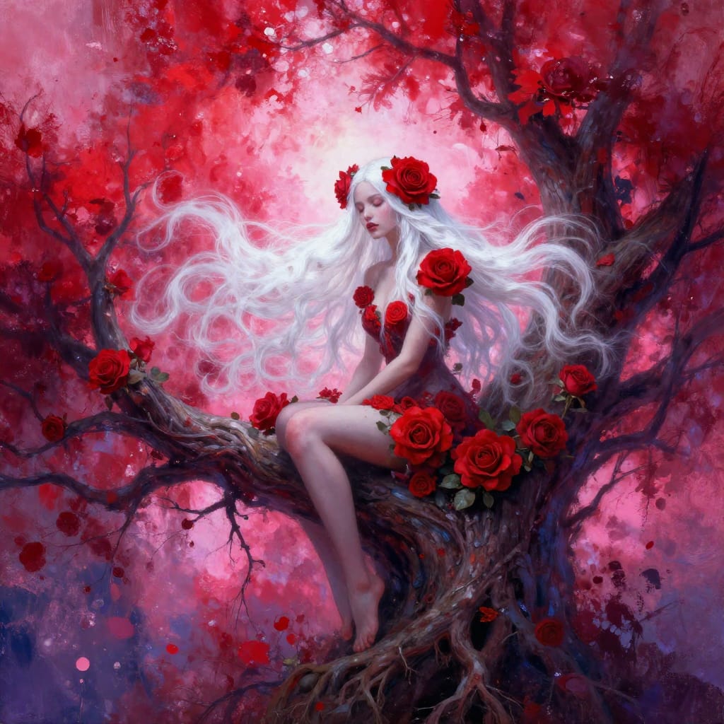 A woman with white hair and red roses sits on a tree branch. The tree wraps around her, roots visible, leaves detailed. Background bursts with red, pink, and white. Soft light highlights her hair and the tree. Mix of digital and paint styles. Rich colors and dark accents create a magical, mystical feel.