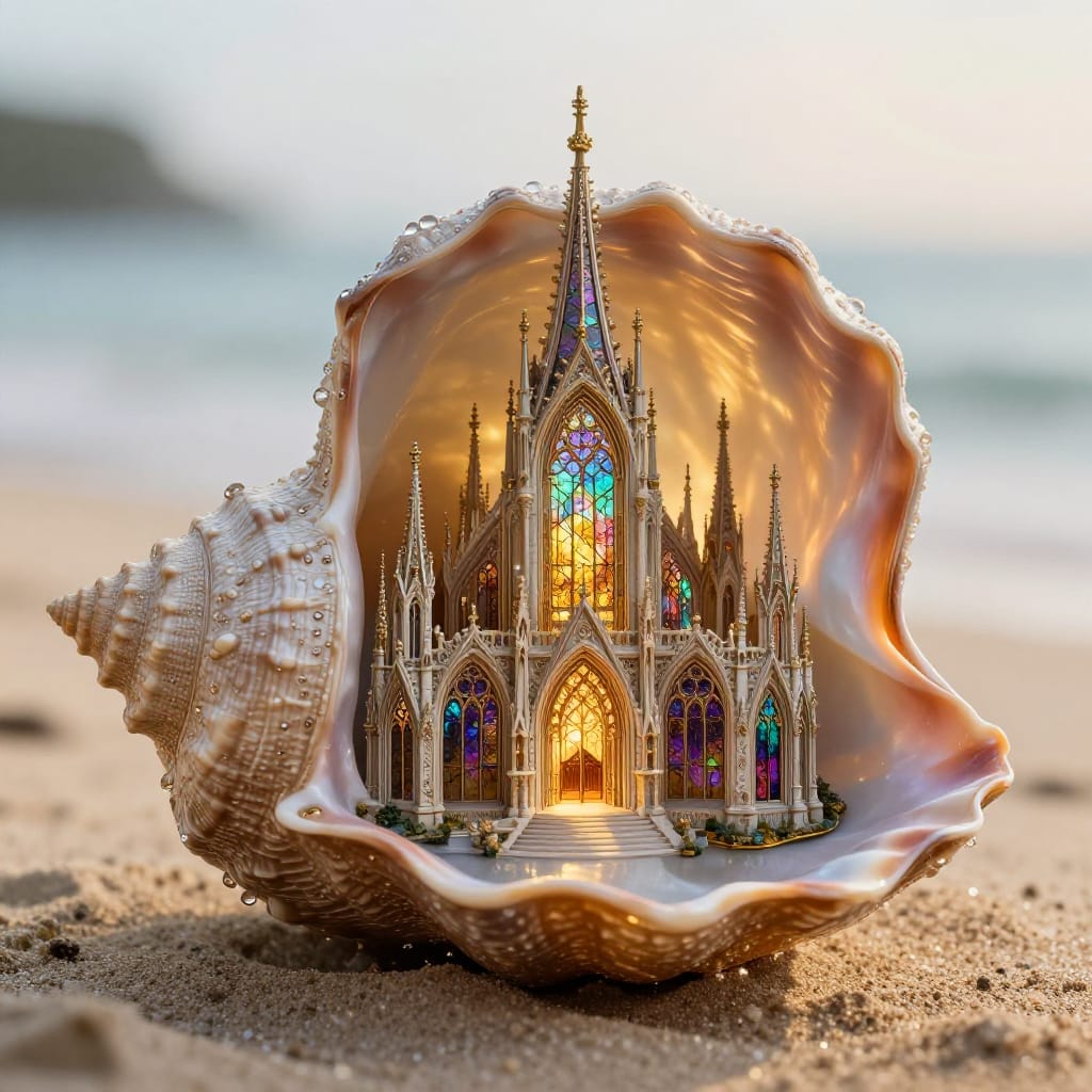 A tiny cathedral made of glass and iron sits inside a giant seashell on a sunny beach. The shell’s glowing interior highlights intricate details. Stained glass shows violet, gold, and green hues. The scene feels both huge and small, like a dream.