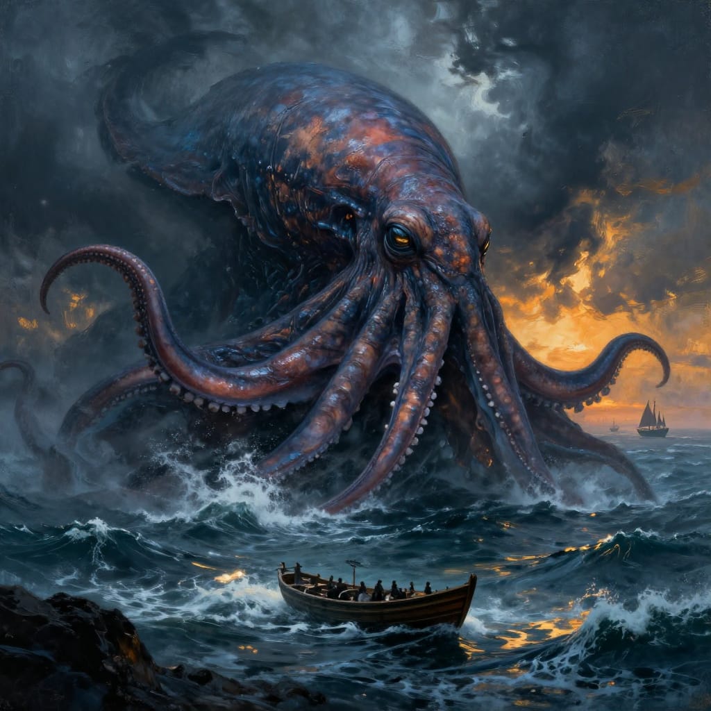 A giant octopus erupts from stormy waves, its velvety skin and ridged tentacles dominating the scene. Towering over rugged coastlines, it casts long shadows as a rowboat and distant ships anchor in the distance. Dramatic lighting from behind storm clouds highlights the creature's form, creating contrast between cool blues and warm sunset golds. The rich textures and layered waves convey awe-inspiring dread.