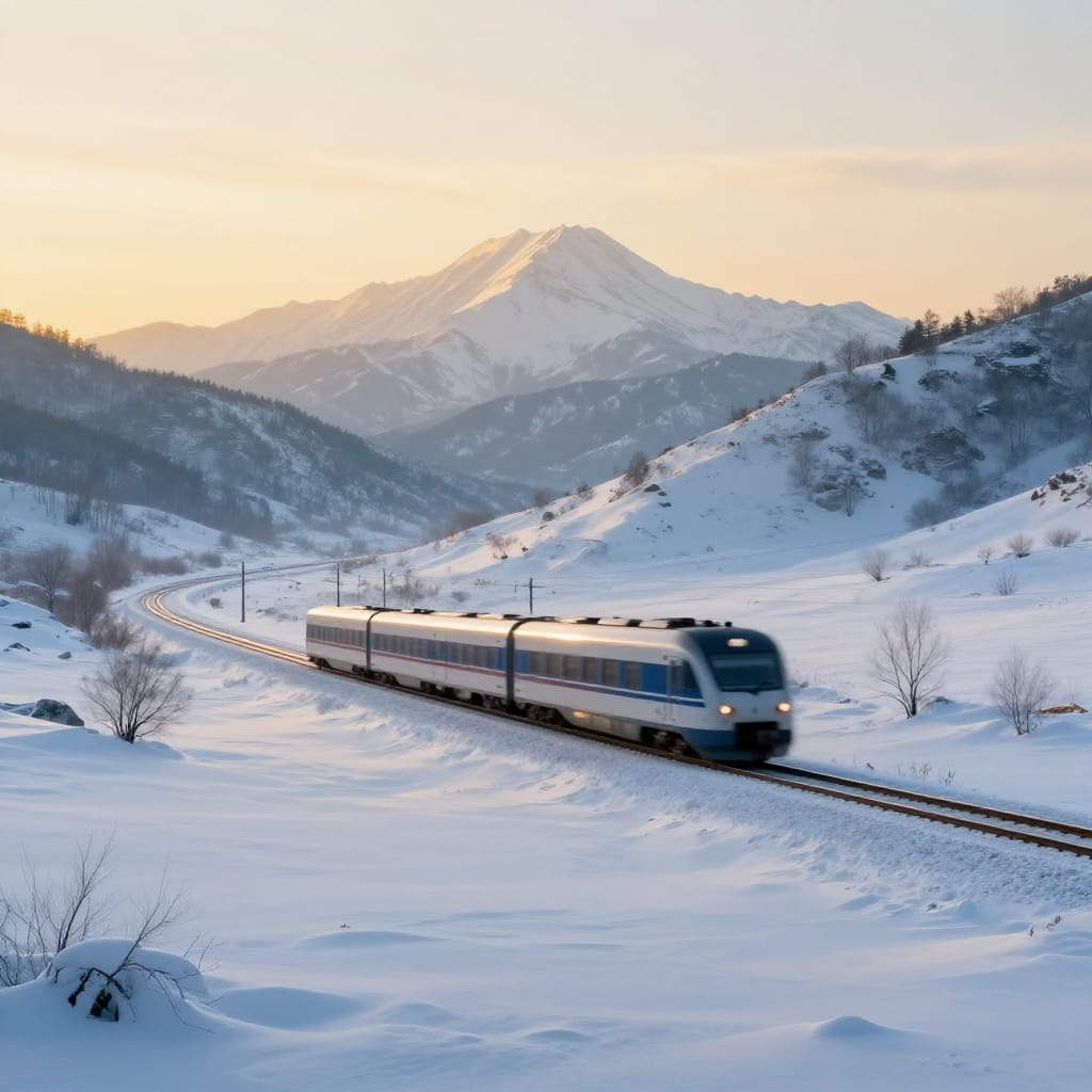 A white train with red and blue stripes moves through snowy mountains under a golden sky. Motion blur shows movement. Snowy ground and bare trees frame the scene. Soft light creates calm, dreamy vibes. Wide shot highlights the train's journey through quiet, untouched landscape.