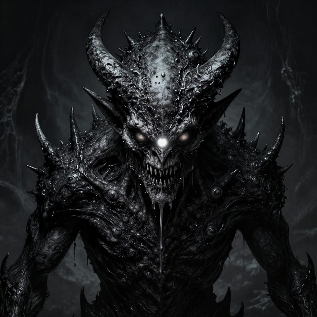 A horned demon with multiple eyes and spikes oozes dark liquid. Its glowing eye stares through shadowy orbs. Centered face dominates frame. Stark blacks and textures create eerie, unsettling vibes.