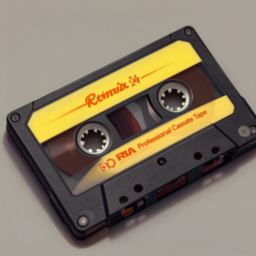 A detailed cassette tape with silver reels and retro label. Realistic yet cartoonish, soft lighting adds depth. Vibrant colors pop against muted tones. Nostalgic feel, blending old tech with modern art.