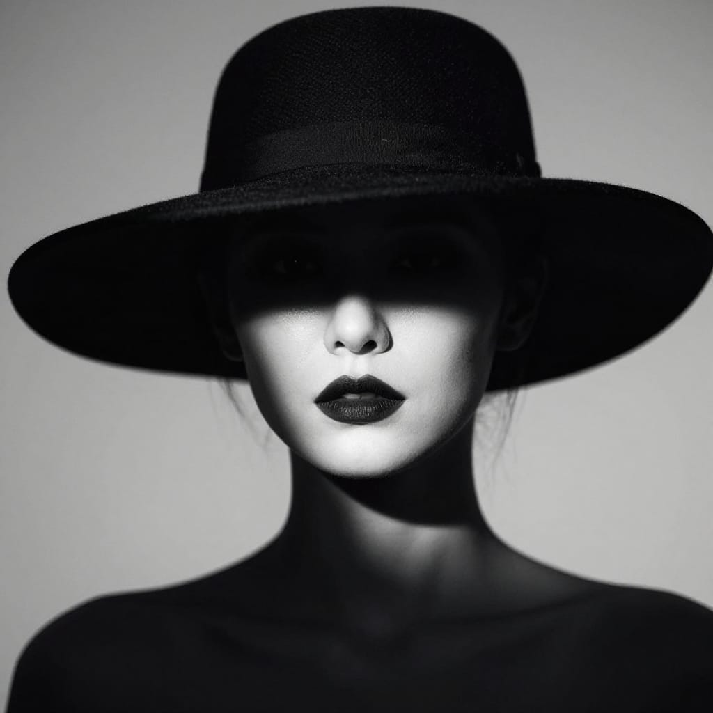 A person in a wide-brimmed hat, half-face in shadow, studio lights highlight their features and bold lips. Neutral tones, detailed makeup, balanced composition. Mysterious, elegant, still pose.
