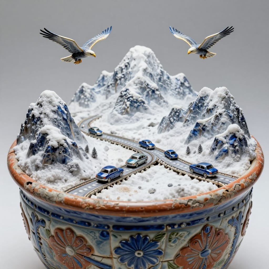 Tiny world in a pot: cobalt and terracotta tiles frame snowy mountains and a stone highway. Soft light highlights textures, blending cool whites with warm gold. Stylized cars and eagles add mystery to this detailed, quiet scene.