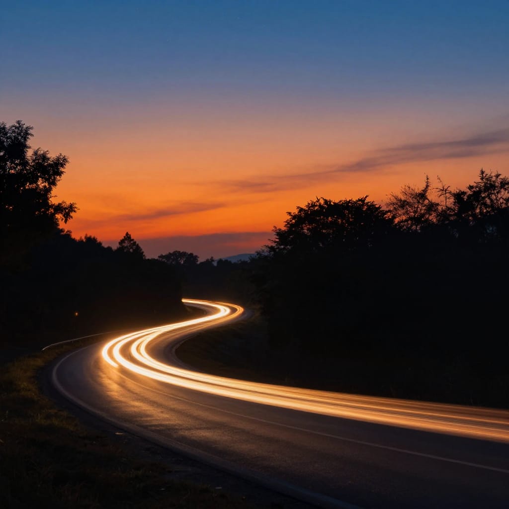 A long exposure shot shows a winding road at dusk. Light trails streak across the road, blending with orange skies and blue stars. Silhouetted trees add depth. Warm and cool colors mix, creating a calm, reflective mood.