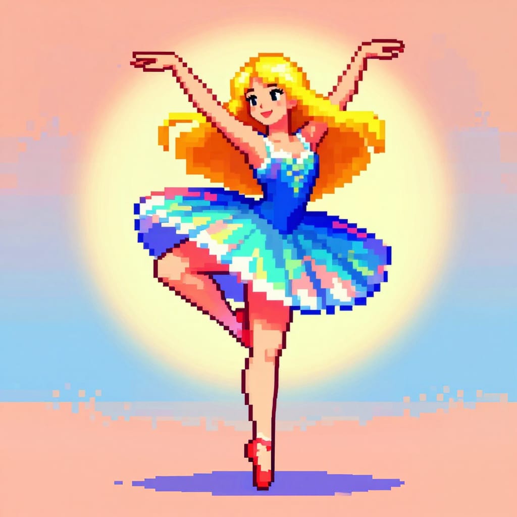 A Swedish woman balances on one leg in a ballet move, in 16-bit game style. Bright colors, warm light, soft background. Emphasizes motion, feels lively and timeless.
