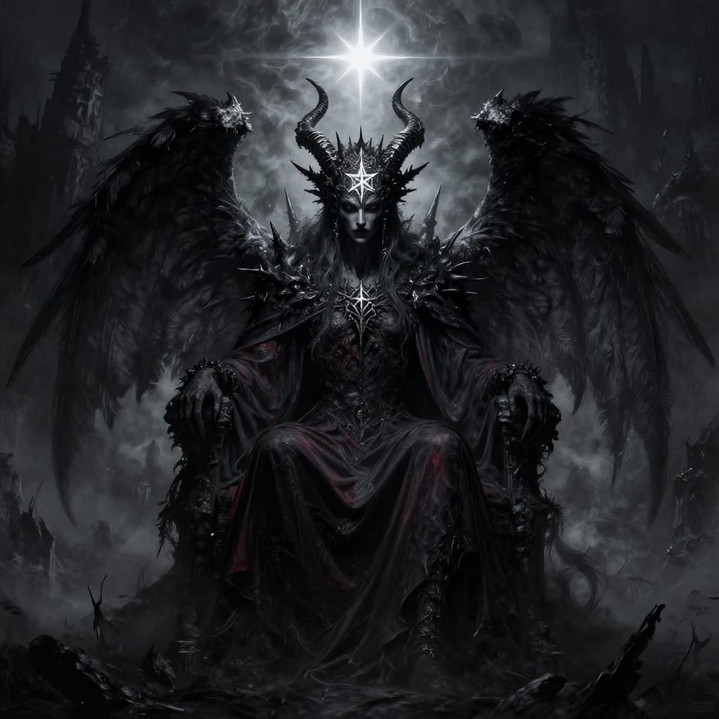 Dark fantasy image shows a demonic figure on a throne, crowned with a glowing pentagram, jagged horns, and feathered wings. Its dark cloak catches starlight against a misty, ruined landscape. The star’s glow highlights the eerie, awe-inspiring atmosphere.