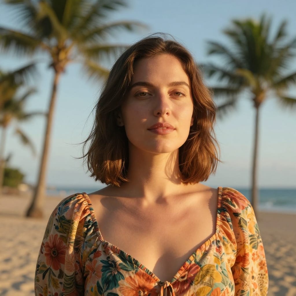 A person with brown hair stands on a calm beach, glowing in soft sunlight. They wear a bright floral top against palm trees and a clear sky. Gentle shadows highlight their skin and clothes. Warm colors mix peace and quiet joy.