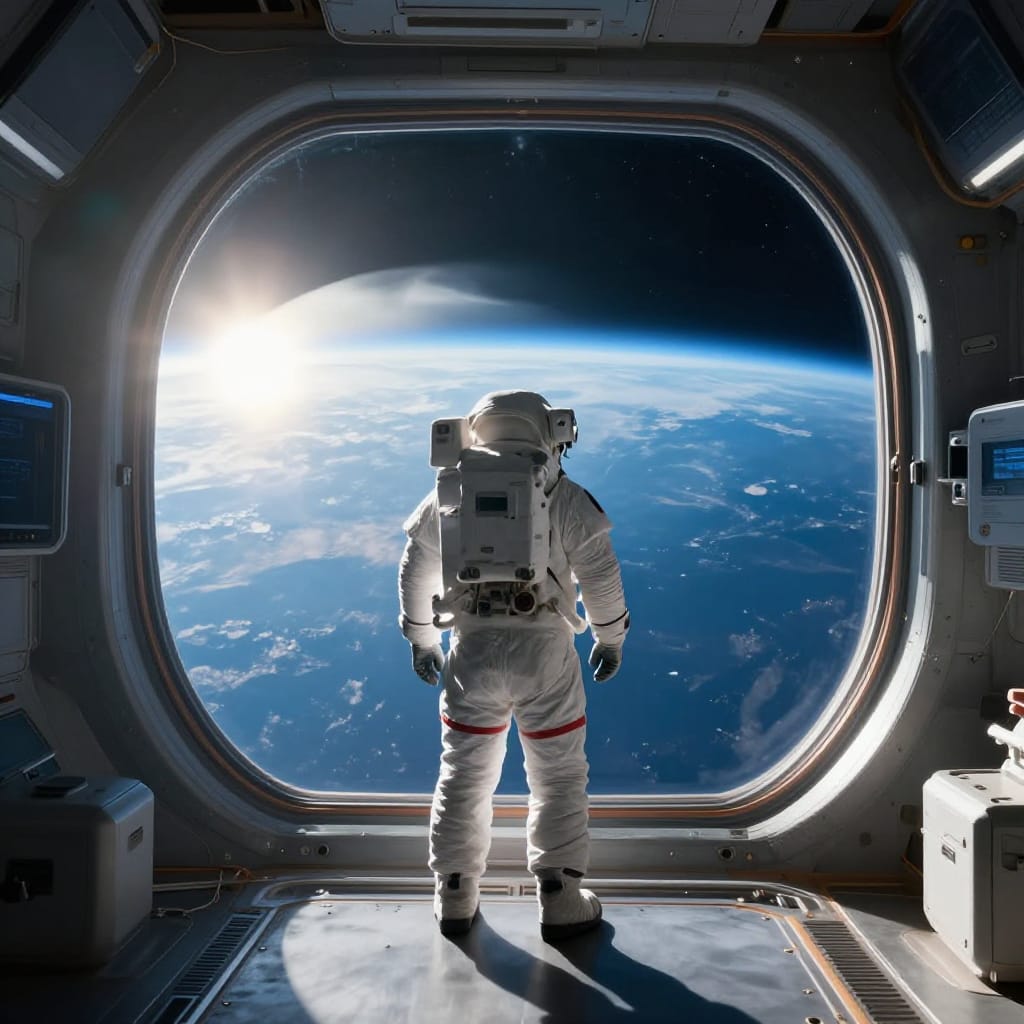 Astronaut stands inside spacecraft, back to viewer, looking at Earth through curved window. White spacesuit, metallic panels and lights. Earth shines blue and white under bright sun, warm glow on left. Cool interior lights contrast sunlight, wide shot shows space vastness. Cool colors and haze create calm, reflective moment.