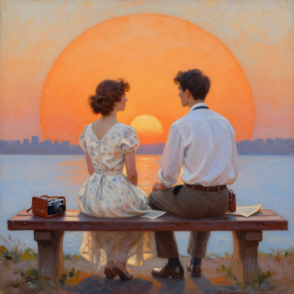 Old painting shows two people sitting on a wooden bench under a big orange sun. They wear 1940s clothes with accessories like a camera and newspaper. Warm colors, cityscape reflection, calm mood.