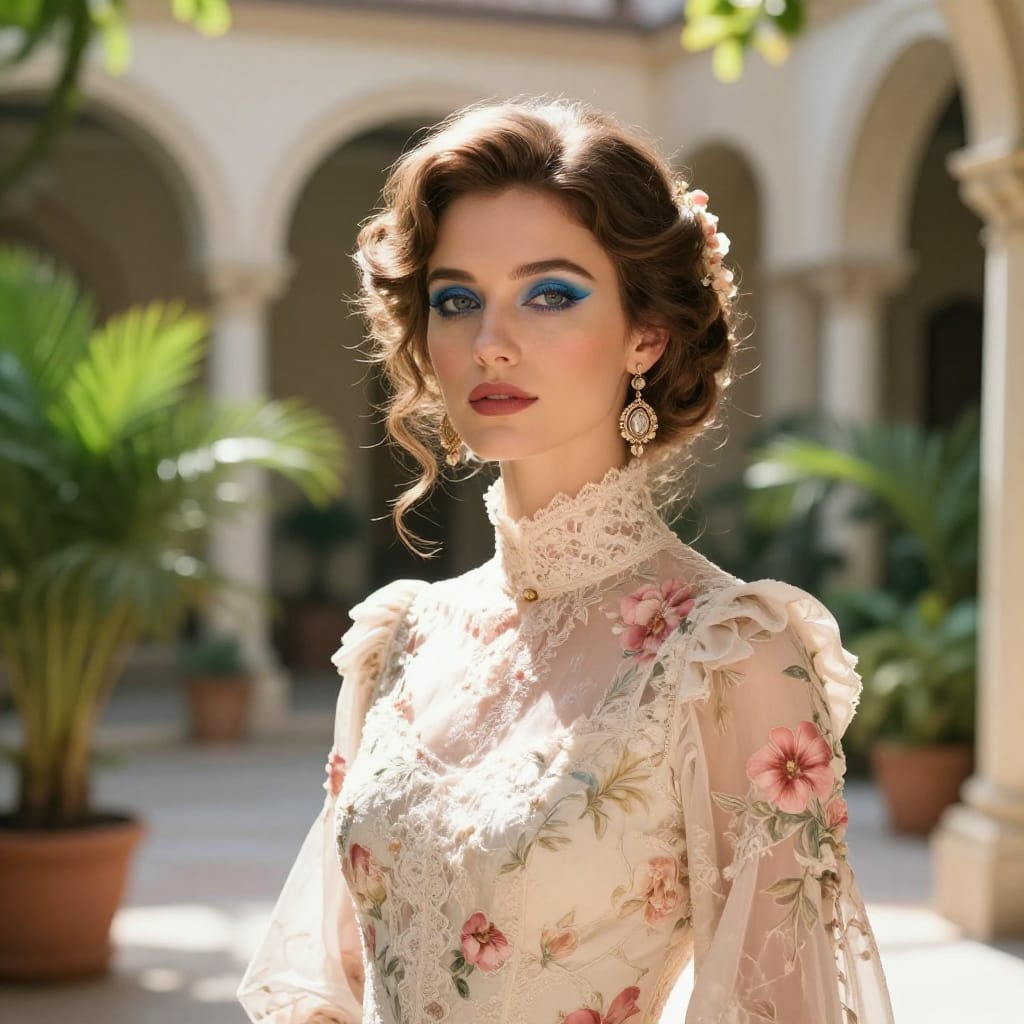 A woman in a flowing floral dress stands in a sunny classical courtyard. Her elegant updo and jewelry catch the light. Soft bokeh blurs distant columns, focusing on her calm, confident expression. Warm tones and greenery create a peaceful, timeless feel.