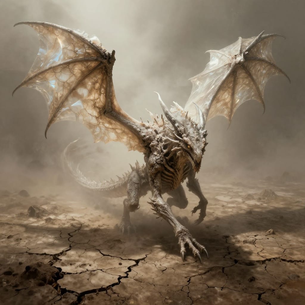 A skeletal dragon emerges from cracked earth, wings cracked and glowing. Weathered skin shows decay, lit by soft light. Earth tones and muted colors create a haunting, ancient vibe.