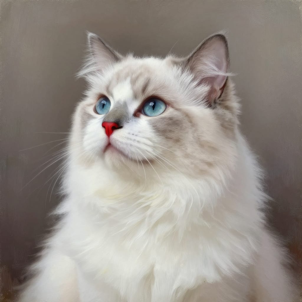 A close-up cat portrait with soft, realistic fur and subtle gray-brown patches. Blue-green eyes and a vivid red nose stand out against muted earth tones. Detailed brushwork and gentle lighting create a calm, introspective vibe with harmonious colors.
