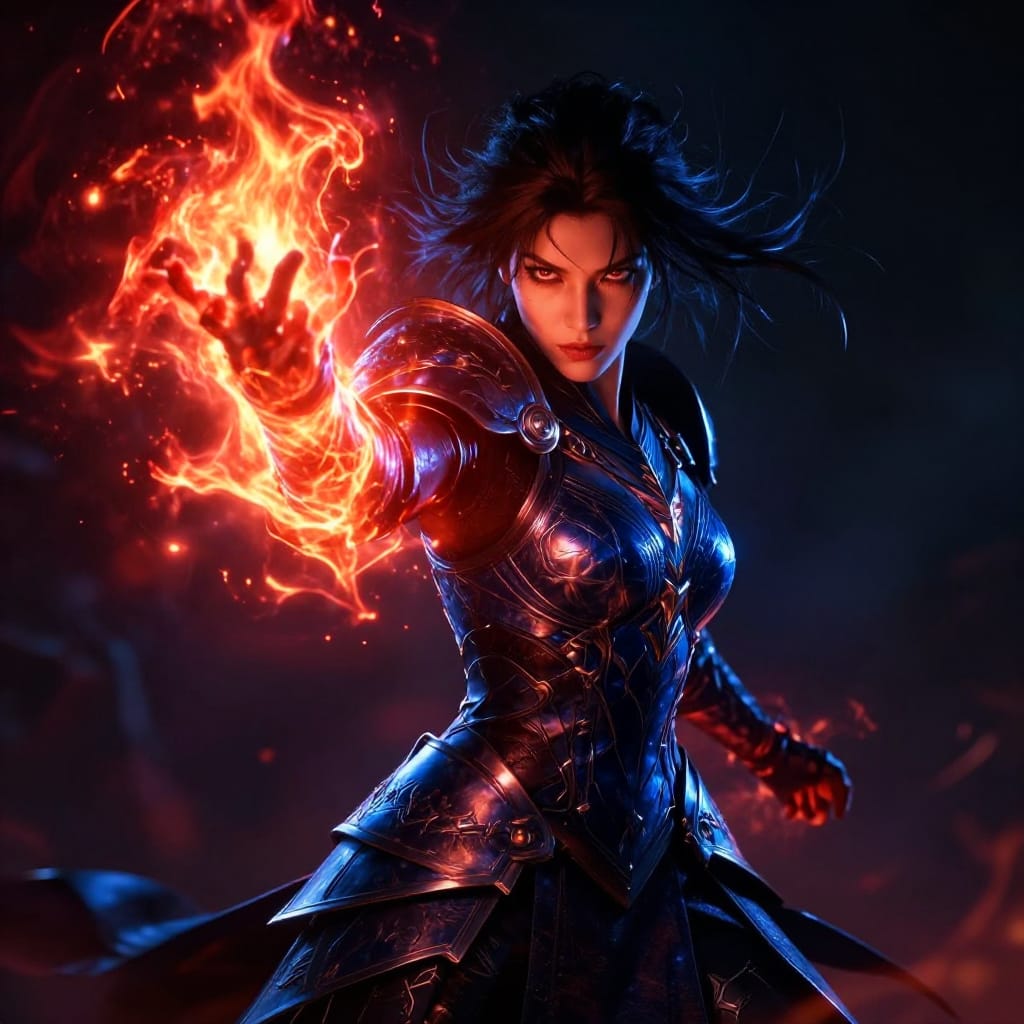 A female warrior in a fantasy scene. She wears blue-black armor with fiery red glowing hand. Dramatic lighting contrasts cool tones with warm light. Dark background highlights her intense, powerful stance.