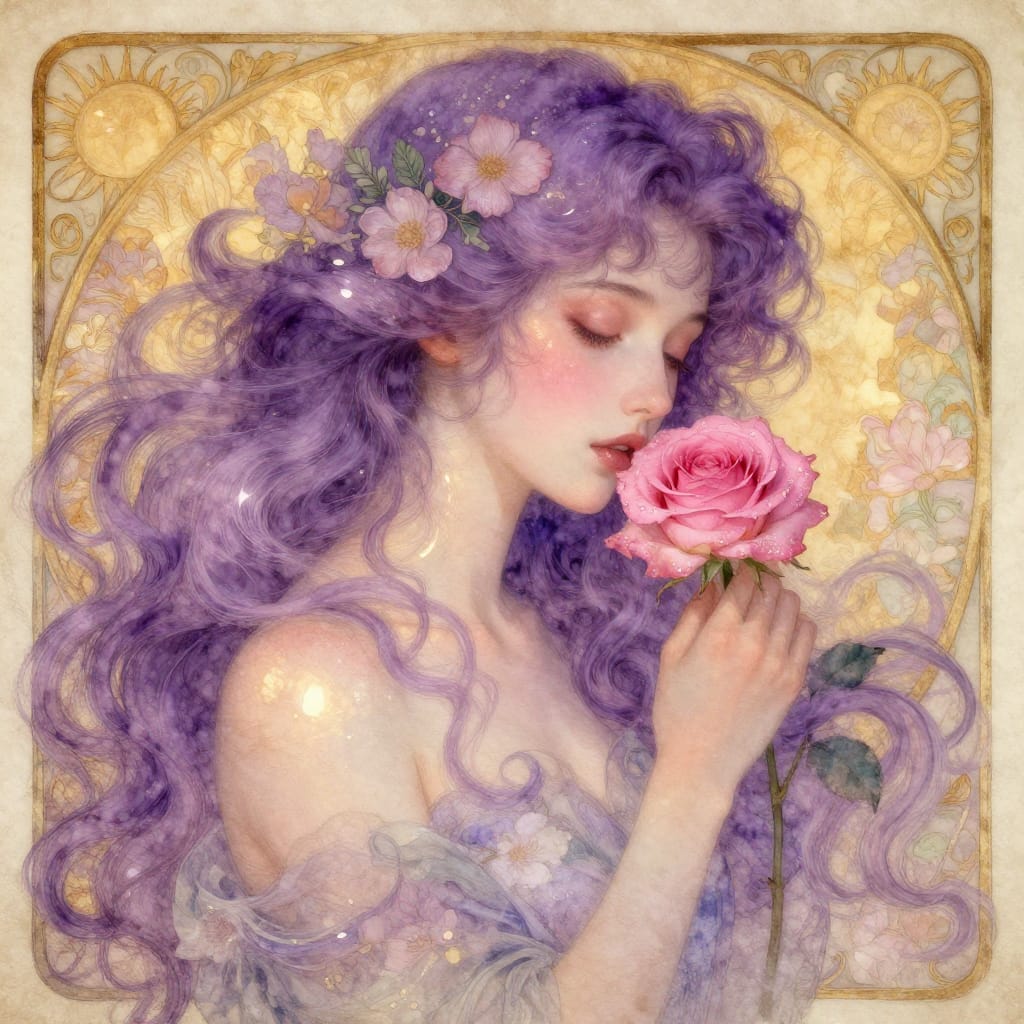 A woman with flowing purple hair holds a glowing pink rose, soft light shimmering on her skin. Her gentle, sad expression blends with golden floral backgrounds on aged paper. Dreamy, watercolor textures mix art and nature's quiet beauty.
