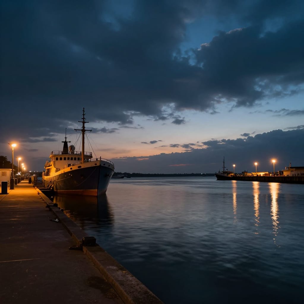 A harbor at dusk with a big ship on the left and calm water reflecting lights. Warm and cool lights mix, creating a peaceful, reflective mood. Rule of thirds guides the eye through the scene. Dark clouds add drama.