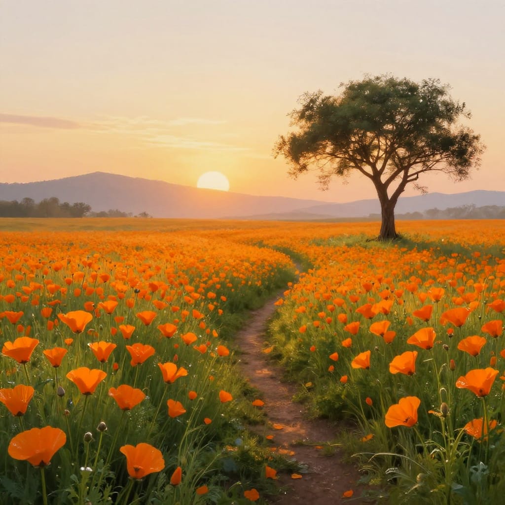 Orange poppies spread under a sunrise sky, with a tree and path leading to distant mountains. Digital painting style shows detailed textures, warm light, and soft colors. Peaceful, serene, and uplifting.