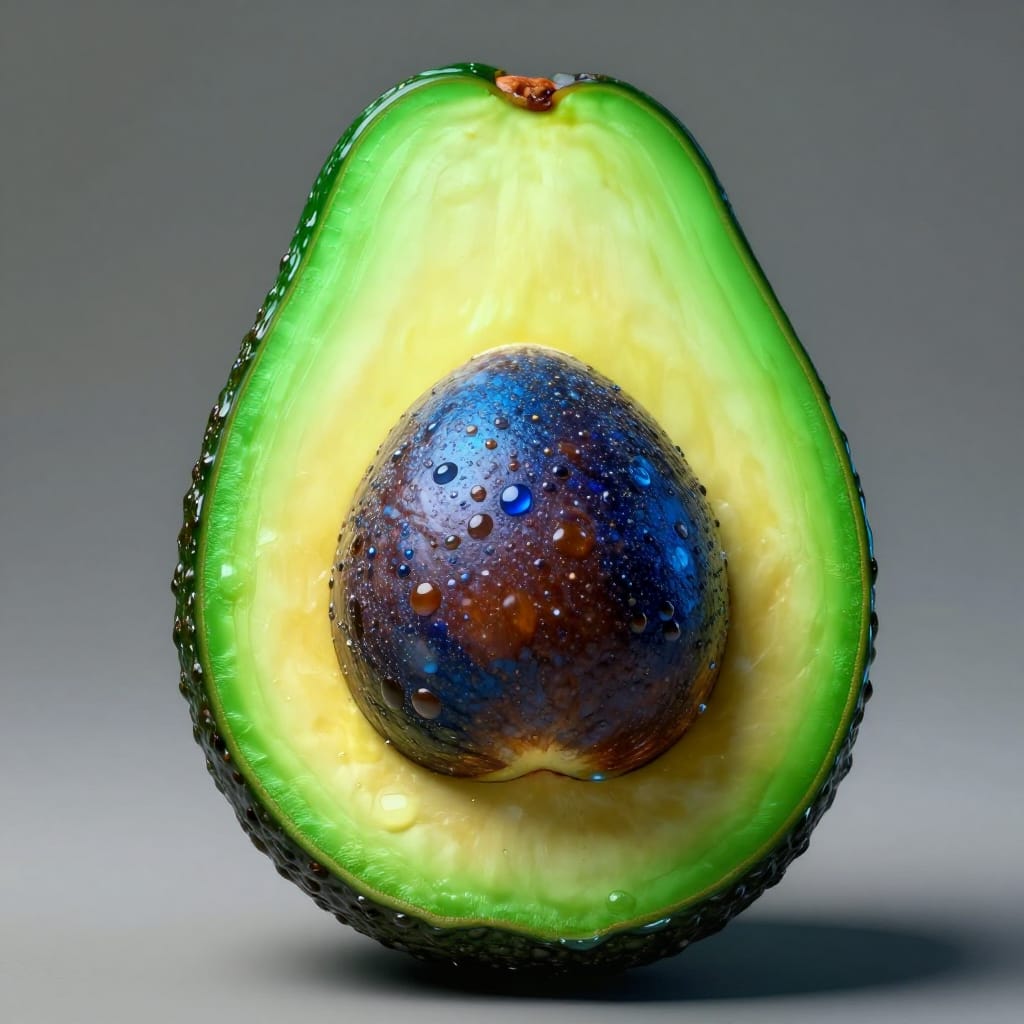 A shiny avocado with smooth green skin and a glossy seed. Beads of blue and brown catch light, soft shadows add depth. Neutral gray background makes colors pop.