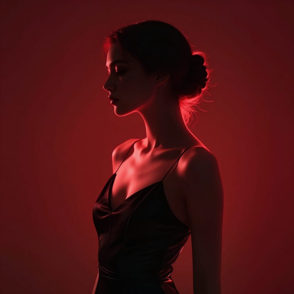 Woman in profile, black dress, red backlight creates halo. Dramatic shadows highlight her curves. Smooth fabric, realistic stitching. Partially shadowed face adds mystery. Rich reds and blacks, sensual and enigmatic vibe.