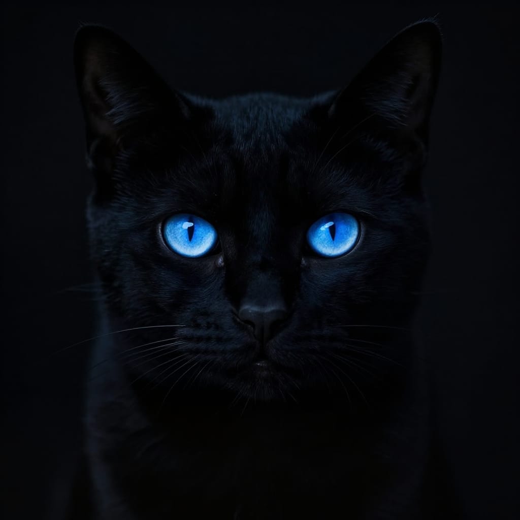 A black cat’s face stares with glowing blue eyes against a dark background. Minimalist features, sharp lighting, and stark contrast create a haunting, mysterious vibe.