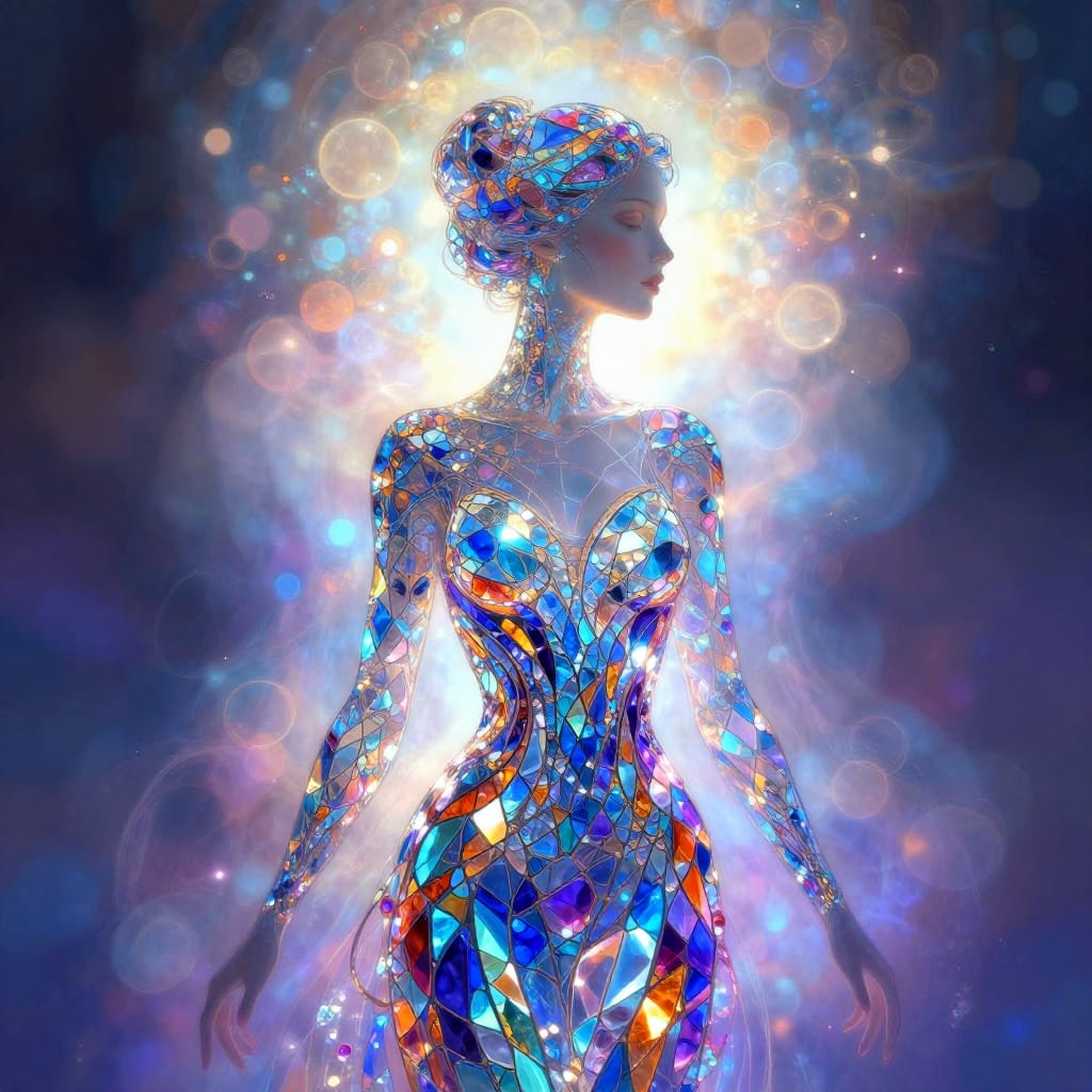 A woman in profile wears a glowing stained-glass gown with crystalline details. Backlight creates a silhouette, while glowing circles and soft bokeh surround her. Mix of organic shapes and synthetic light gives a dreamy, futuristic feel.