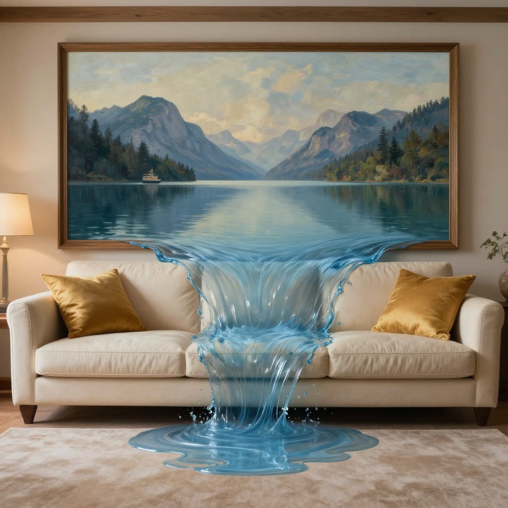 Water flows from a detailed mountain painting onto a creamy sofa in a living room. Blue liquid contrasts with gold cushions and warm lamp light. Realistic textures and earthy tones create a calm, surreal scene.